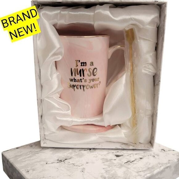 New in Satin Lined Box Pink Porcelain Nurse Gift Set Cup Coaster Spoon - Picture 1 of 11